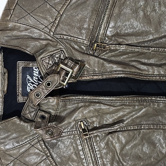 Blanc Noir Brown Genuine Leather Moto Style Jacket Buckles Zippers Detail Quiltd - Picture 5 of 15